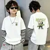 Camiseta de algodón de manga larga estampada para niños, moderna y sencilla, camiseta básica de retazos a rayas estilo coreano, top de imitación de dos piezas, estilo ins