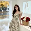 Vestido de bolinhas com babados estilo francês para mulheres, novo vestido longo de verão que afina a cintura