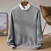 Nuevo suéter casual para hombre 100% lana pura, cuello redondo, color liso, tejido grueso, elegante y rejuvenecedor
