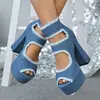 Zapatos de Mujer Talla Grande 34-45 44 Nuevos Tacones Altos de Mezclilla Mujer 43 Sandalias de Plataforma con Tacón Grueso Punta de Pez Europeas y Americanas 42