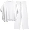 Conjunto de Tricô Cruzado de Manga Longa com Gola Alta Meia-Alta e Manga Morcego, Conjunto de Duas Peças com Calça de Perna Larga Solta e Fluida, Manga Curta para o Início do Outono