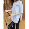 Camiseta Blanca con Abertura para Mujer Talla Grande Manga Media Longitud Media Letras de Moda Verano Sencilla Cuello Redondo Top Pulóver para Mujer Moderno
