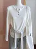Camisa Henley Básica com Gola V e Botões de Concha para Mulheres, Primavera/Outono, Listras Color Block, Camiseta de Manga Longa Camada Base Interna