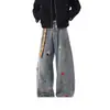 Novas calças de outono estilo deserto vintage lavadas com bordado de cogumelo e foice jeans de desenho animado rua soltas perna larga