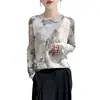 Camiseta Delgada de Manga Larga para Mujer de Principios de Otoño, Modelo Nuevo 26, Cuello Redondo, Estampada, Adelgazante, Top Versátil, Suéter Base de Punto Fino