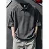 Camisa polo de manga corta para hombre, color gris oscuro texturizado, camiseta de verano de alta gama estilo 'old money', holgada, casual, de media manga