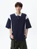 Camiseta Retrô Color Block de Manga Curta para Homens, Camisa Polo de Seda de Gelo Fina de Manga Meia-Manga para o Verão, Camiseta Jovem Plus Size de Manga Três Quartos