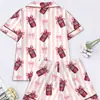 Pijama de Cardigan Rosa de Seda de Leche Transfronterizo Europeo y Americano para Mujer, Shorts de Manga Corta, Conjunto Casual Cómodo y Transpirable para el Hogar