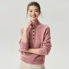 Suéter de Tricô Henley Retro com Botões e Gola Meia-Alta Feminino 75% Cashmere 25% Seda Fio de Flor Manga Longa Solto para o Dia a Dia