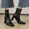 Botas elásticas adelgazantes de superficie suave estilo retro, botas Martin de tacón alto con punta cuadrada de comercio exterior transfronterizo, botines negros de moda para mujer