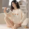 Pijama nuevo para mujer con copas en el pecho, de manga larga y pantalón largo para primavera y otoño, estilo pullover, corte holgado, dulce estilo estudiantil para estar en casa, se puede usar para salir, conjunto