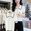 Promoção de Saída Marca Camiseta Manga Curta Color Block Gola Polo Top de Malha Ice Silk para Mulheres Verão