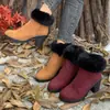 Botas de Moda de Salto Alto Quentes com Forro de Lã Transfronteiriças para Mulheres, Botas de Algodão Grossas de Inverno em Camurça, Tamanho Grande, Salto Bloco, Acabamento em Pelo