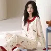 Conjunto de Pijama Feminino 100% Algodão para Primavera e Outono, Manga Longa Calça Longa, Pode Ser Usado Fora de Casa, Estilo Coreano Casual Listrado Conjunto de Roupa de Casa