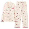 Pijama de Cardigan de Manga Larga para Mujer de Algodón Puro, Lindo Set de Ropa de Casa Dulce con Dibujos Animados para Niñas, Se Puede Usar Afuera