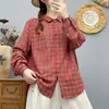 Camisa a cuadros retro de otoño para mujer, de manga larga, corte holgado, adelgazante, con diseño de gasa de doble capa, algodón puro, versátil y elegante