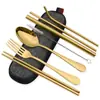 Juego Portátil de Vajilla de Acero Inoxidable Acero Inoxidable 304 Popote Palillos Cuchillo, Tenedor y Cuchara para Comida Occidental Juego de Siete Piezas