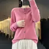Cárdigan de lana de punto sin costuras de cuello redondo 100% lana de alta gama listo para usar para mujer, colección de otoño, suéter estilo coreano