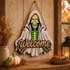 Decoración de Bienvenida Luminosa de Madera para Halloween Calavera Fantasma de Múltiples Capas Letrero de Puerta Colgante Luminoso para Pasillo Pared