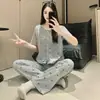 Pijama Feminino para Primavera e Outono, Algodão Manga Curta Calça Longa, Laço Doce Estilo Pequeno Chanel, Conjunto de Roupa de Casa Fina para Menina