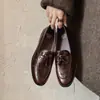 Mocasines con Flecos para Mujer Zapatos Pequeños de Cuero Otoño e Invierno Nuevos de Cuero Genuino Punta Redonda Tacón Bajo Estilo Británico Retro Boca Profunda Planos Zapatos para Mujer