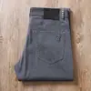 Jeans Masculino Cinza Azul Europeu e Americano de Alta Qualidade Verão Fino Cintura Média Stretch Lavado Business Versátil Casual Tendência Calças
