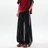 Calça casual de verão masculina listrada em bordô, secagem rápida, feita de seda gelada, perna larga, comprimento estendido para pessoas altas