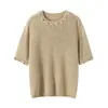 2026 Primavera/Verano Tejido de Punto con Cuentas Francesas Cuello Redondo Manga Corta para Mujer Camiseta de Algodón y Lino Atmosférica Top Base