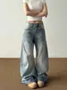 Jeans Rectos Azules Retro de Doble Botón para Mujer Petite Estilo Otoño Cintura Alta Holgados con Caída Adelgazantes de Pierna Ancha Pantalones Largos hasta el Suelo
