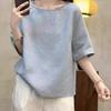Camiseta de Algodão de Manga Curta para Mulheres, Novo Estilo de Verão, Solta, Casual, Versátil, Blusa Respirável, Pulôver de Cor Pura com Gola Redonda