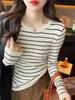 Outono e Inverno nova moda casual listrada camisa de fundo de malha Feminina slim fit emagrecedora gola redonda pulôver suéter top interno