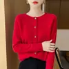 26 Outono/Inverno 100% Lã Pronto para Vestir Cardigã de Gola Redonda para Mulheres, Versátil Casaco de Lã de Manga Longa, Peça de Roupa Externa de Cor Sólida