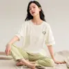 Pijama Feminino Primavera e Verão Algodão Puro Manga Curta Calça Longa Estilo Fofo Fino 100% Algodão Usável Tamanho Grande Conjunto para Casa Venda por Atacado