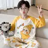 Pijama masculino para primavera e outono, feito de algodão puro, de manga longa, com corte solto, adequado para usar fora de casa, roupa de casa infantil, disponível para compra em lojas físicas