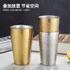 Aço Inoxidável 304 Textura Martelada Copo Reto para Suco e Cerveja Padrão de Diamante Dourado Copo para Enxaguante Bucal Copo de Chá para Restaurante