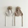 Gorro de Invierno Yipan Estilo INS con Pompón de Piel de Mapache, Gorra con Pico de Pato para Niñas, Gorro de Punto Cálido, Gorro para Bebé con Protección para los Oídos