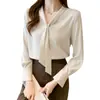 Atuendo de Negocios de Cuello Blanco para Maestra con Lazo Camisa Blanca de Gasa de Manga Larga para Mujer en Otoño e Invierno con Tops Pequeños