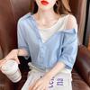 Camisa Falsa de Dos Piezas con Hombros Descubiertos para Mujer con Diseño Nicho 2025 Verano Nuevo Estilo Versátil Moda Casual Top Tendencia