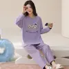Conjunto de Pijama Feminino 100% Algodão para Primavera e Outono, Manga Longa Calça Longa, Pode Ser Usado Fora de Casa, Estilo Coreano Casual Listrado Conjunto de Roupa de Casa