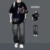 Camiseta de Manga Corta Estilo High Street Americano Conjunto de Verano para Estudiante Conjunto Casual de Dos Piezas para Hombre Tendencia Diaria Adolescente