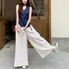 Look Ootd de Verão, um Conjunto Completo com Design Azul Marinho, Colete Assimétrico, Conjunto de Calça Wide-Leg, Terno Feminino de Duas Peças