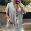 Verano Europeo y Americano Amazon Manga Corta Casual Moda 2024 Nuevo Cuello en V Jersey Lentejuelas Top Camiseta Suelta para Mujer
