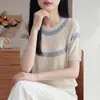 Tricô Jacquard Manga Curta Estilo Fair Isle para Mulheres, Novo Estilo de Verão, Camiseta Solta e Versátil Estilo Coreano, Top Estilo Preguiçoso