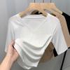 Playera de Manga Media de Color Sólido para Mujer 2025 Nueva Camiseta Elegante de Cuello en V con Bajo Acanalado para Mujer Top Raglán con Cintura Plisada