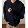 Suéter de tricô casual simples de cor sólida para homens, semi-formal, corte solto, versátil, com meio botão, estilo outono e inverno, gola redonda, manga longa