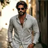 Camisas para Hombre Transfronterizas, Camisas de Algodón y Lino de Color Sólido, Cuello de Solapa, Primavera y Otoño, Estilo Europeo y Americano, Versátiles, Camisas Casuales de Manga Larga para el Día a Día para Hombres