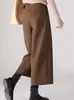 Estilo Simples e Elegante de Inverno 2025 Calça Larga de Nove Pontos Espessa Escovada Quente Calças Casuais Calças de Lã Femininas Pretas