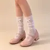 Meias Sociais Curta Lolita com Renda em Forma de Coração e Malha Respirável Estilo Verão Fino Meias Empilhadas Meias de Seda Gelada Meias de Renda na Panturrilha JK