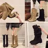 Botas de Cowboy Ocidentais de Primavera e Outono Plissadas Rad Botas de Cano Alto Pilha 2025 Botas Femininas Retrô de Salto Grosso Camurça