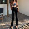 Jeans Preto de Dois Botões Micro-puxado Slim Feminino 2025 Cobertura de Carne Fenda Nova Cintura Alta Perna Larga Calça Boca de Sino Mop